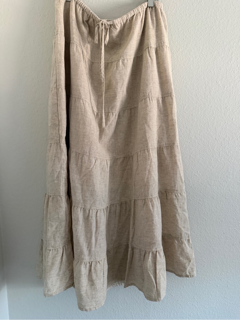 Velvet Heart 100% Linen Tiered Maxi Skirt Ruffle Drawstring Elastic Waist Beige